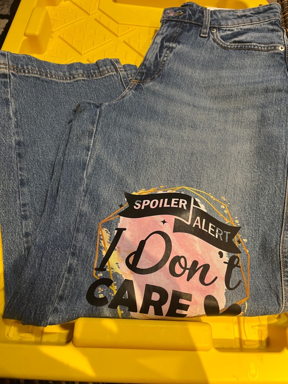 NWT Women’s Blue Denim Barrel Jeans with Graphic Detail on the leg.